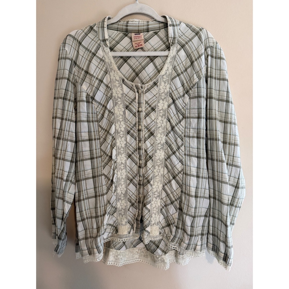 Faded Glory Originals Womens XL 16/18 Olive Cream Plaid Lace Trim Boho Fall